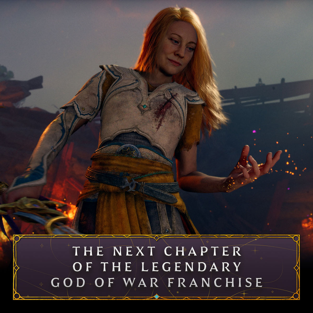 Promotional artwork for 'The Next Chapter of the Legendary God of War Franchise' featuring a female warrior character with red hair in armor, set against a dramatic fiery background with a dark title banner at the bottom.