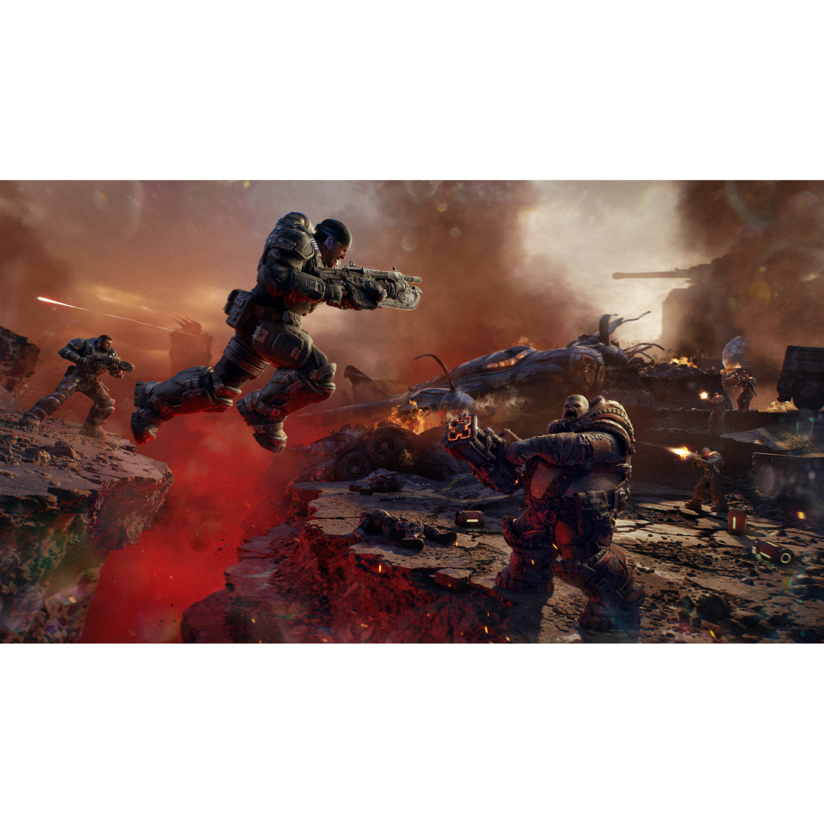 A dramatic video game battle scene showing armored soldiers in combat gear amidst explosions, smoke, and fiery ruins. The scene is rendered in a cinematic, high-impact style with dark gray and black uniforms, red fire effects, and brown/orange debris.