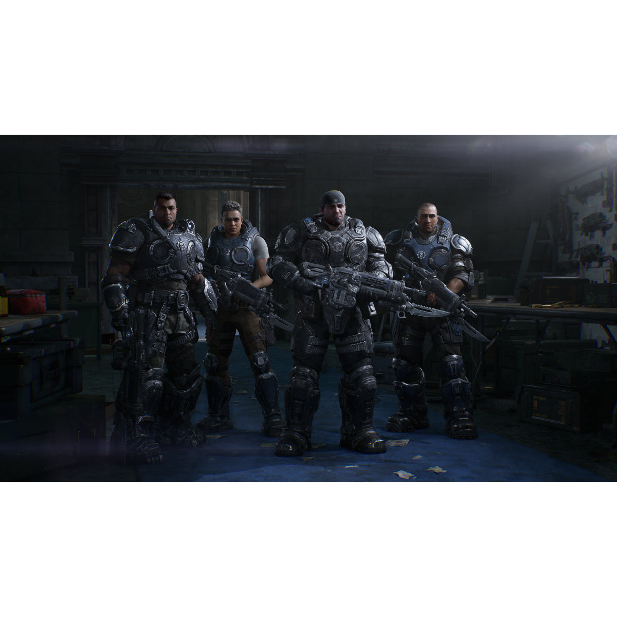 Four armored video game characters standing together in a dimly lit industrial interior, holding weapons. The scene appears to be digital artwork or a game cover-style promotional image rather than a standard retail product photo.
