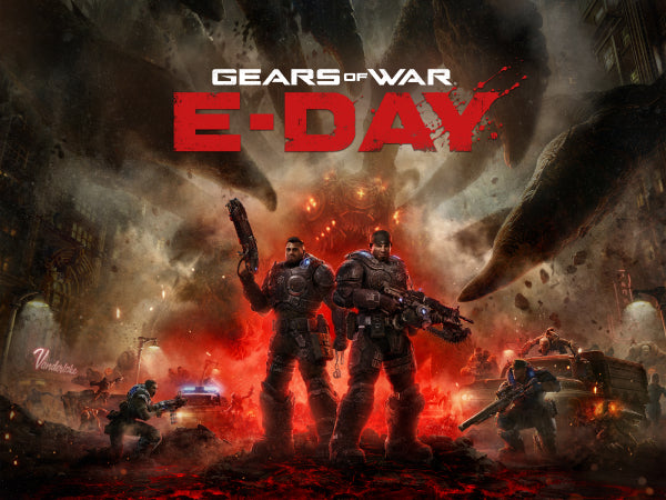 Promotional artwork for Gears of War: E-Day, showing armored soldiers in a smoky, fiery war-torn city with the game title text at the top.