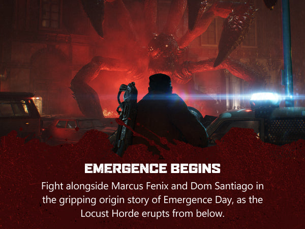 Promotional artwork for a video game or media title, showing a silhouetted person holding a weapon in a dark urban street at night, with a large red insect-like creature looming overhead. Bright blue vehicle lights and a red haze dominate the scene.