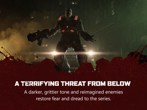 Promotional artwork for a video game featuring a large armored monster standing in a dark urban street at night, with bright headlights and a red blood-splatter foreground. White text at the bottom reads, 'A TERRIFYING THREAT FROM BELOW' and smaller descriptive copy follows.