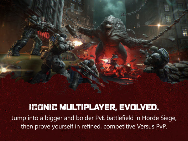 Promotional artwork for a PvE game mode, showing armored soldiers fighting a giant creature in a ruined city street, with a dark red lower section containing the text 'ICONIC MULTIPLAYER, EVOLVED. Jump into a bigger and bolder PvE battlefield in Horde Siege, then prove yourself in refined, competitive Versus PvE.