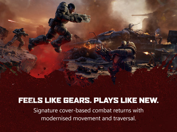 Promotional artwork for a video game showing armored soldiers in a war-torn city scene with smoke, fire, and blood splatter, plus the text 'FEELS LIKE GEARS. PLAYS LIKE NEW.