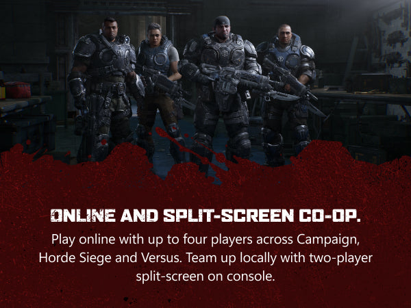 Promotional graphic for a video game showing four armored characters standing in a dark industrial setting, with a large red overlay at the bottom containing white text that reads 'ONLINE AND SPLIT-SCREEN CO-OP' and descriptive copy about multiplayer gameplay.