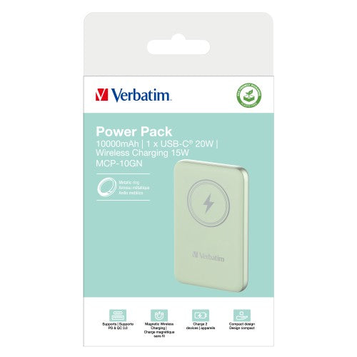 Verbatim Charge 'n' Go Magnetic Wireless Power Bank 10000mAh Green