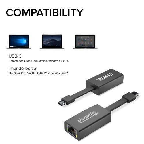 Plugable Technologies USB C to Ethernet Adapter, Driverless Fast and Reliable Gigabit Speed, Thunderbolt 3 to Ethernet Adapter Compatible with Macbook Pro, Windows, macOS, iPhone 15, and ChromeOS