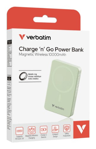 Verbatim Charge 'n' Go Essentials Magnetic Wireless Power Bank 10000 mAh Green