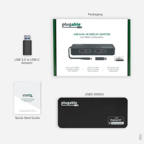 Plugable Technologies 4K DisplayPort and HDMI Dual Monitor Adapter for USB 3.0 and USB-C, Compatible with Windows