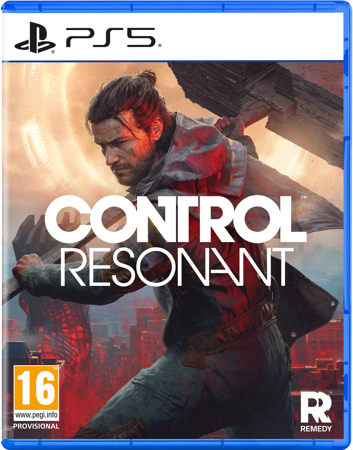 Front cover of the PlayStation 5 game Control: Resonance, showing a male character in action with large white title text across the center, PS5 branding at the top, a PEGI 16 rating badge at bottom left, and a Remedy logo at bottom right.