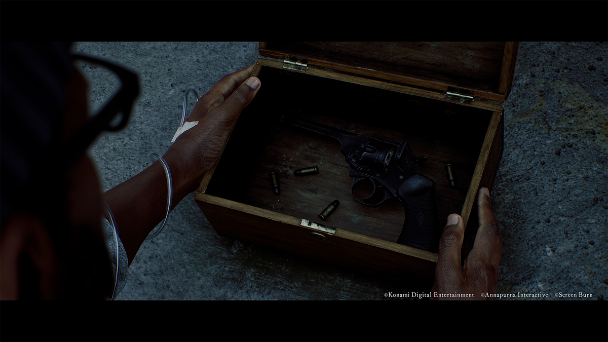 SILENT HILL: Townfall screenshot showing Simon examining an open box of weapons and ammunition