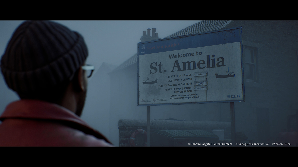 SILENT HILL: Townfall screenshot showing Simon looking towards the Welcome to St. Amelia sign