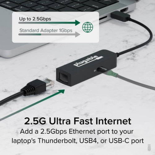 Plugable Technologies USB C to Ethernet Adapter 2.5Gb with 100W USB-C PD Charging, 2.5 Gigabit Type C USB Ethernet Adapter for Windows, MacBook, Chrome, iPad, Surface, XPS, Thunderbolt 4, USB4 (USBC-E2500PD)