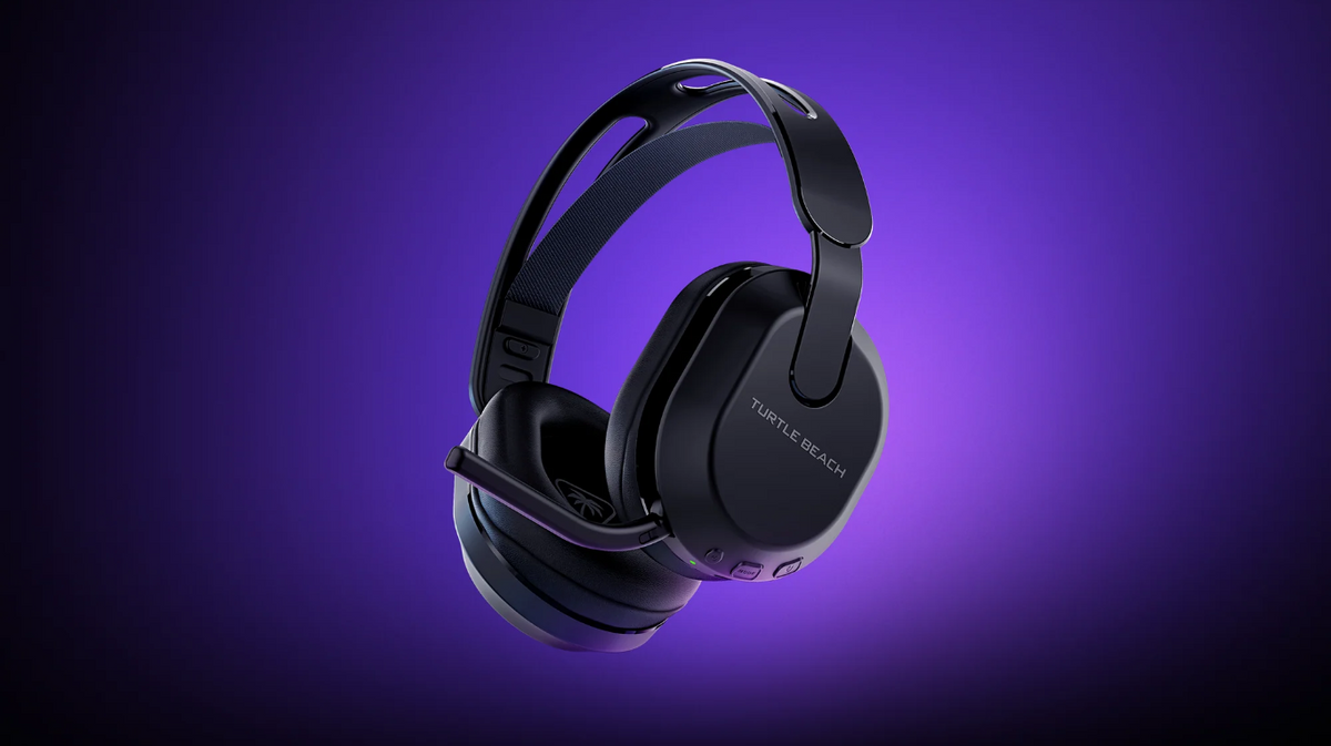 Turtle Beach Stealth 500 black wireless gaming headset for PS5 and PS4 displayed against a purple background