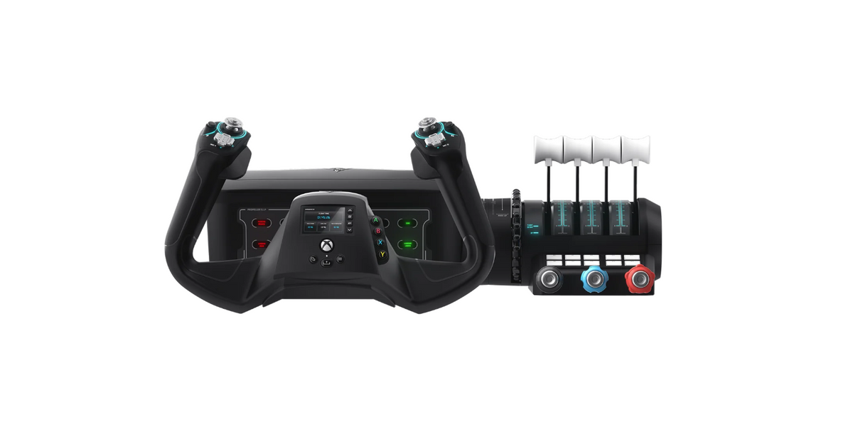 Front view of the Turtle Beach VelocityOne Flight Universal Control System with flight yoke and throttle quadrant