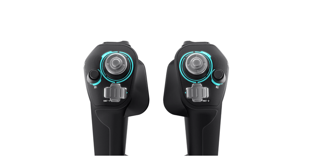 Close-up of the Turtle Beach VelocityOne Flight thumb-operated controls on the flight yoke