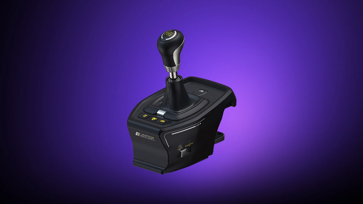 Front view of Turtle Beach VelocityOne Multi-Shift racing simulator gear shifter against a purple background