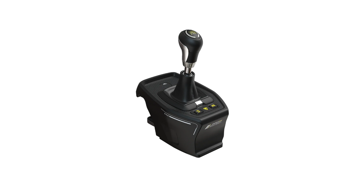 Left angled view of Turtle Beach VelocityOne Multi-Shift with gear shifter lever and mounting base