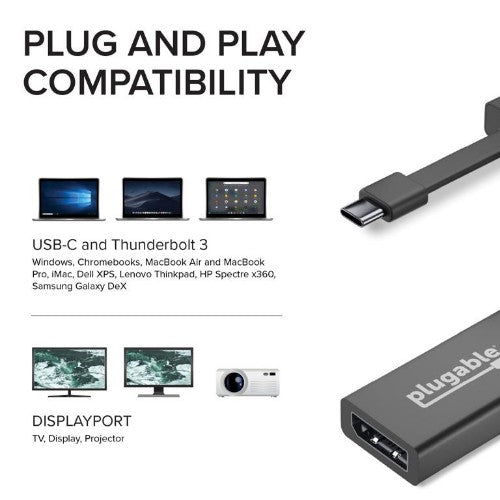 Plugable Technologies USB C to DisplayPort Adapter 4K 60Hz - Driverless Thunderbolt 3 to DisplayPort Adapter Compatible with MacBook Pro, Windows, Chromebooks, iPad Pro, Dell XPS, and more