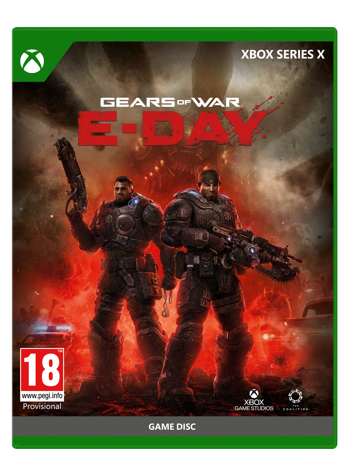 Gears of War E-Day game disc for Xbox Series X with two characters holding weapons on a fiery background.