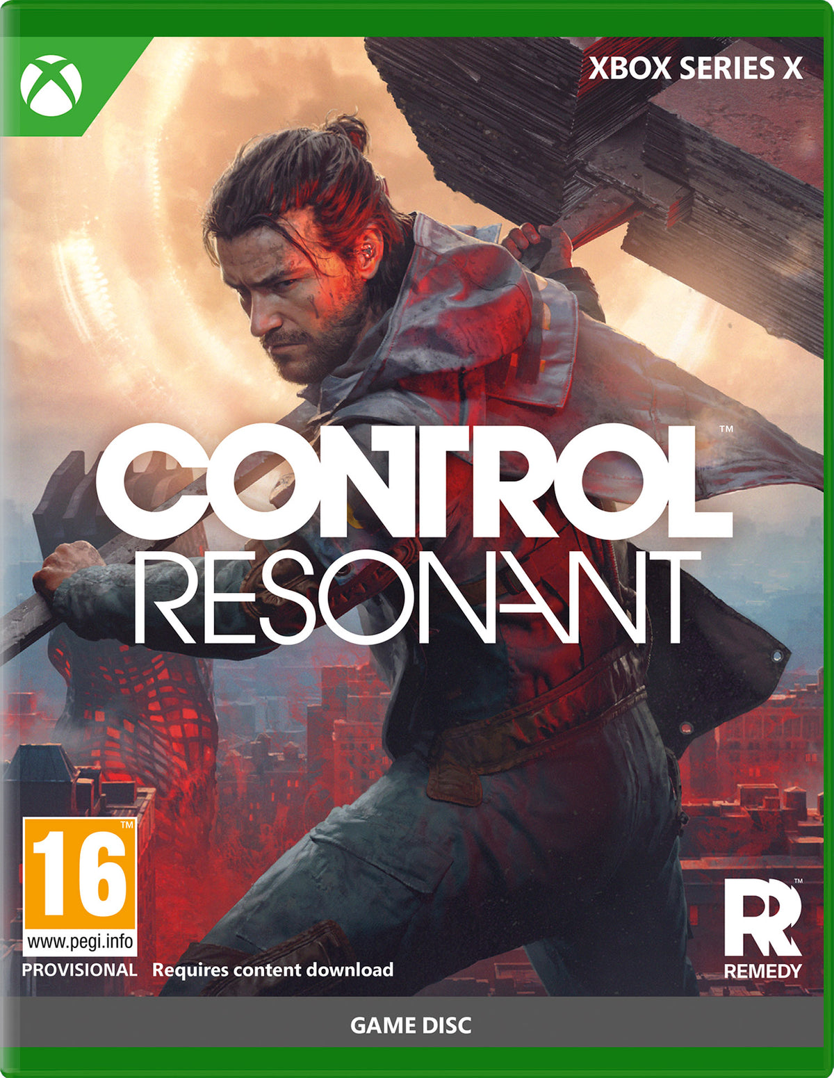 Front cover art for the Xbox Series X game Control: Resonant, showing a man in a dark jacket against a smoky orange-red city background. Visible text includes Xbox Series X, the game title, PEGI 16, and the Remedy logo.