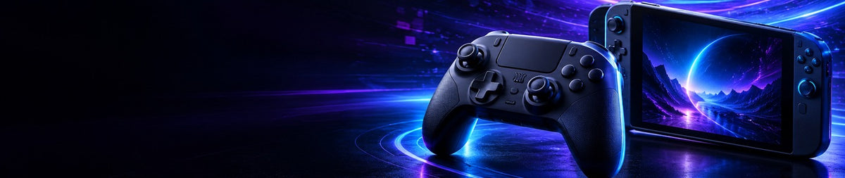 Gaming controller and handheld console with blue and purple lighting