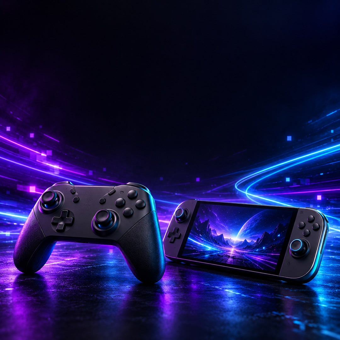 Gaming controller and handheld console with blue and purple lighting