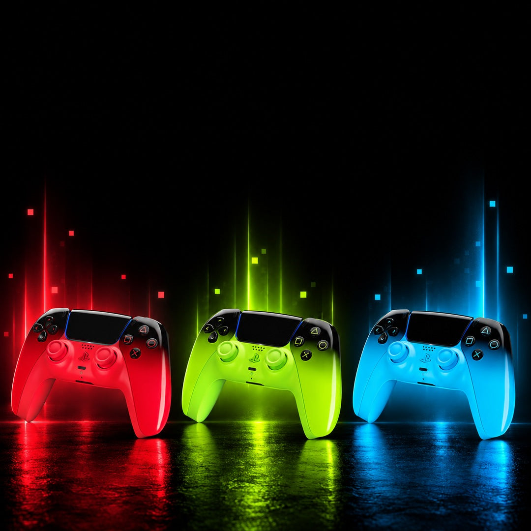 Red, green and blue Hyperpop wireless gaming controllers