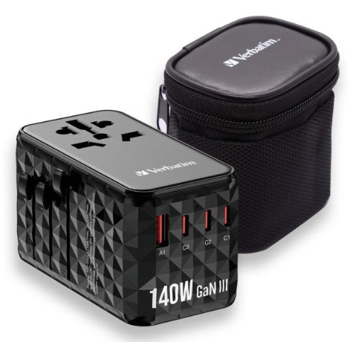 Verbatim UTA-10 140W GaN III Universal Travel Adapter with 2 x USB-C PD 3.1 & QC 4+, 1 x USB-C PD 3.0 & 1 x USB-A QC 3.0 ports