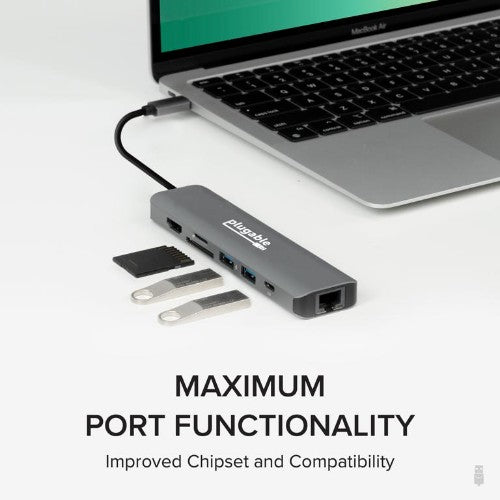 Plugable Technologies 7-in-1 USB C Hub Multiport Adapter with Ethernet Driverless Compatibility with Mac, Windows, iPhone 15, Chromebook, USB4, Thunderbolt, 100W Charging, Ethernet, 4K60Hz HDMI, 2X USB, SD/microSD