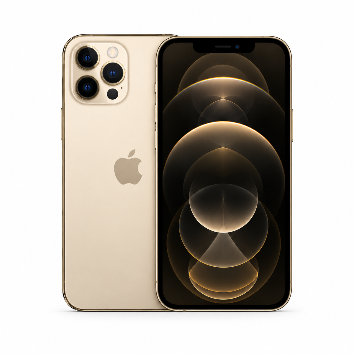 Gold Apple iPhone 12 Pro shown from both the back and front angles against a solid white background.