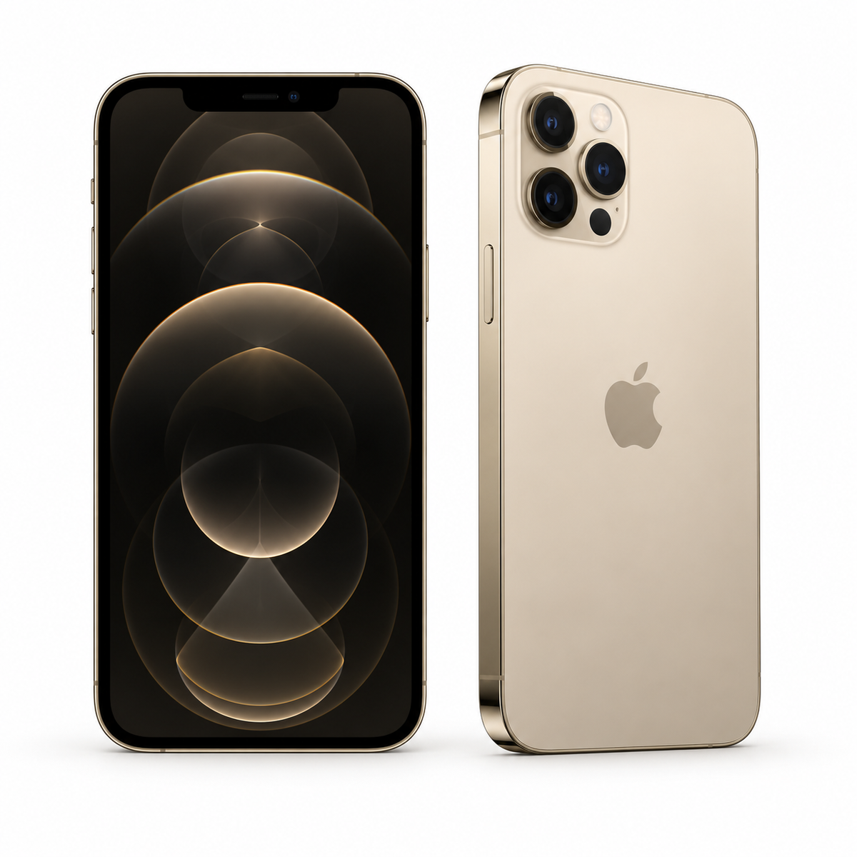 Refurbished Apple iPhone 12 Pro Max in Gold, showing front screen and rear triple camera