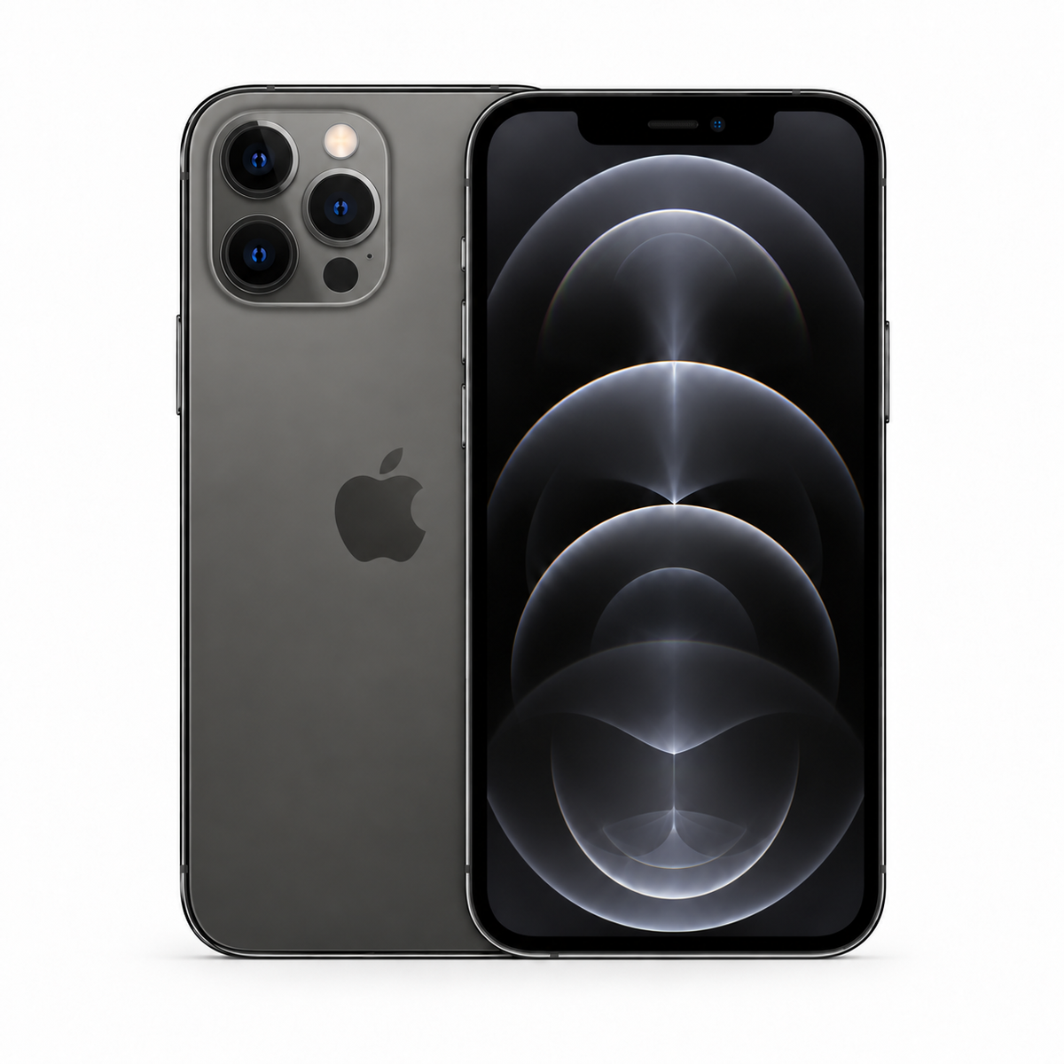 An Apple iPhone shown from both the front and back, featuring a dark gray finish and the signature triple-camera setup on a clean white background.