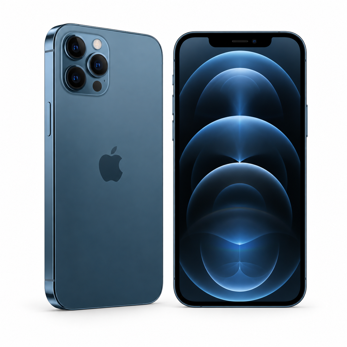 Refurbished Apple iPhone 12 Pro Max in Pacific Blue, showing front screen and rear triple camera
