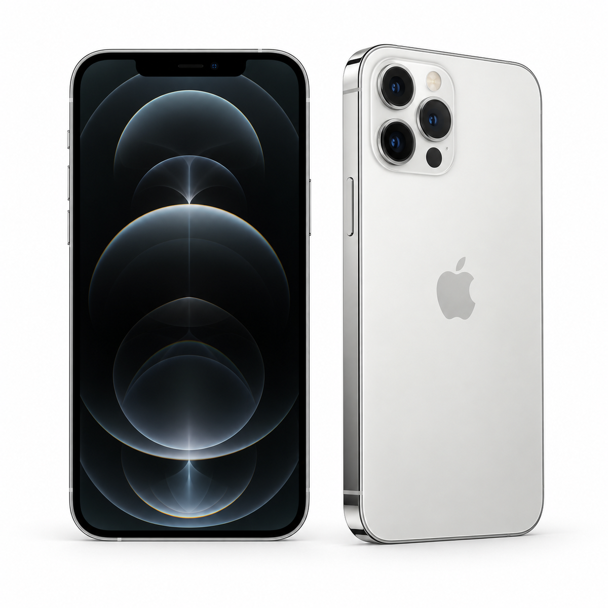 Refurbished Apple iPhone 12 Pro Max in Silver, showing front screen and rear triple camera