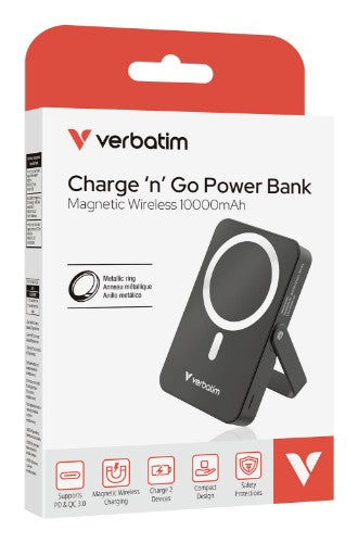 Verbatim Charge 'n' Go Magnetic Wireless Power Bank with stand - 10000 mAh Black