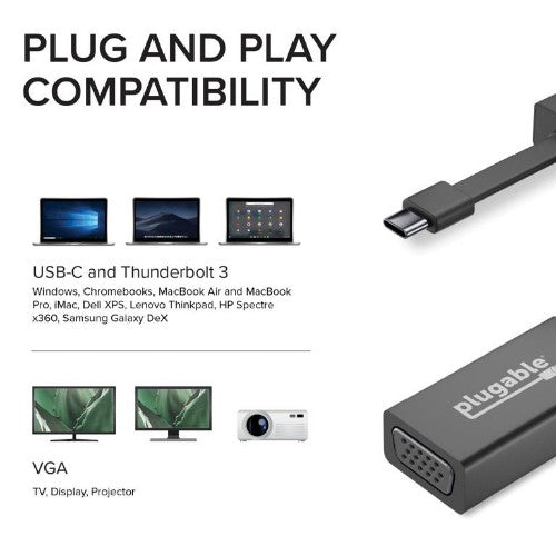 Plugable Technologies USB C to VGA Adapter, Thunderbolt 3 to VGA Adapter Compatible with Macbook Pro, Windows, Chromebooks, 2018 iPad Pro, Dell XPS, and more (Driverless, supports up to 1920x1200 @ 60Hz)