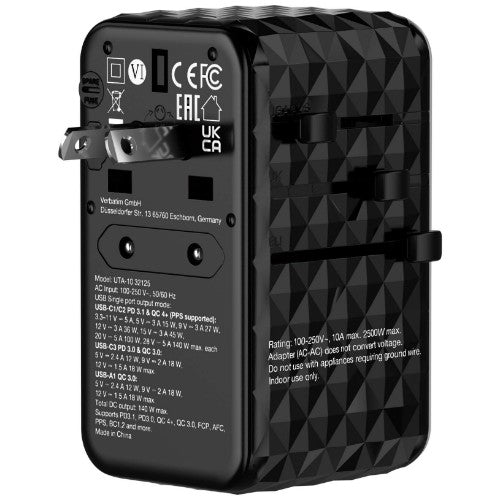 Verbatim UTA-10 140W GaN III Universal Travel Adapter with 2 x USB-C PD 3.1 & QC 4+, 1 x USB-C PD 3.0 & 1 x USB-A QC 3.0 ports