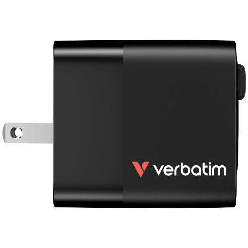 Verbatim GaN Charger 65W 2 Port retractable cable display US plugs with EU and UK adaptors