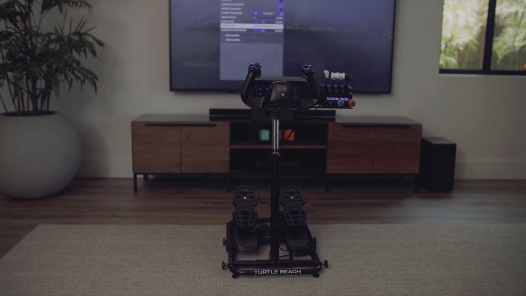 Turtle Beach VelocityOne Stand demonstration video showing the adjustable flight and racing simulator stand