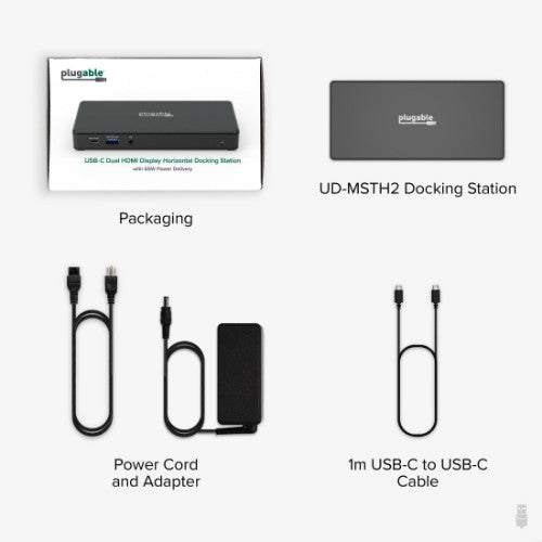 Plugable Technologies USB C Docking Station Dual Monitor 2 HDMI Ports, Power Delivery Dock, Dual 4K Monitor for Windows, ChromeOS, 1x USB-C, 3x USB, Ethernet, and Audio - Driverless (UD-MSTH2)