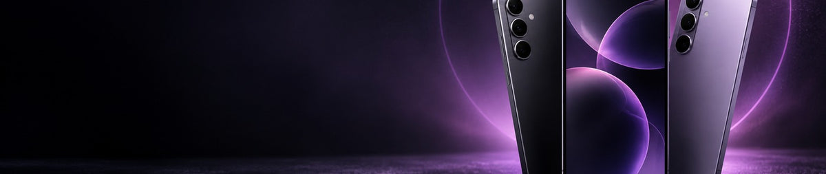 Three premium refurbished smartphones against a purple background