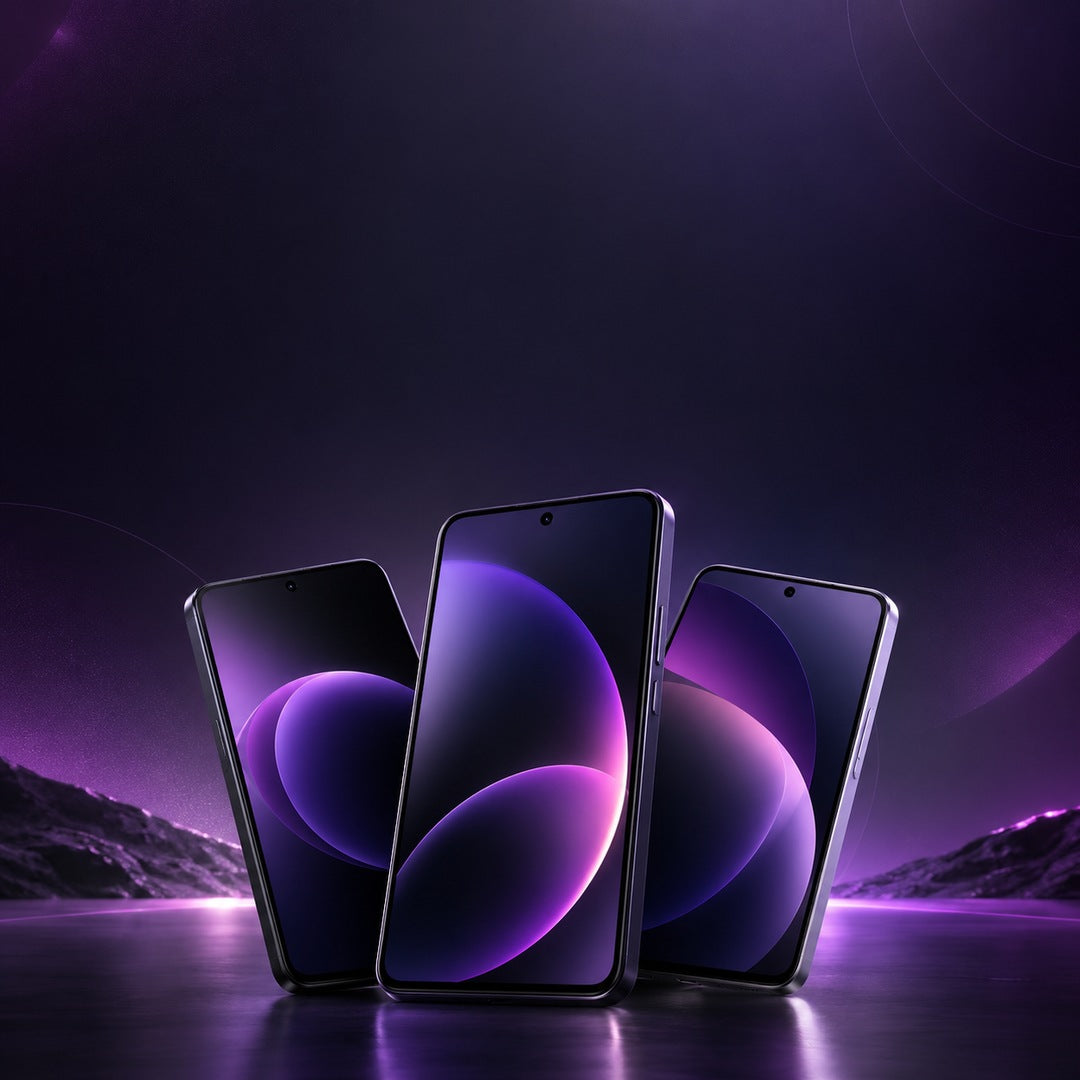 Three premium refurbished smartphones against a purple background