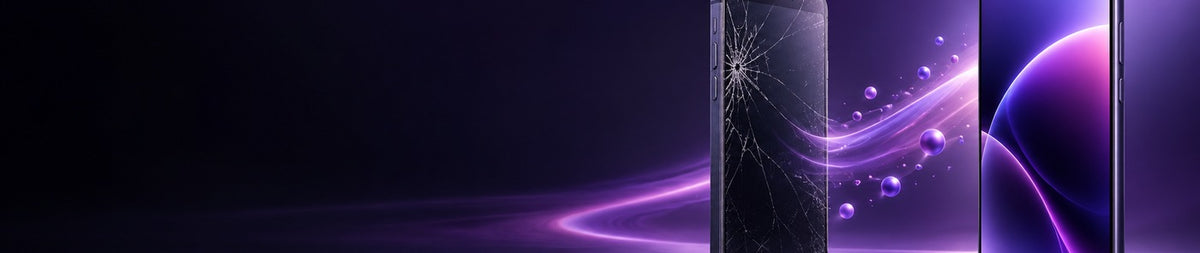 Cracked older smartphone beside a modern replacement phone