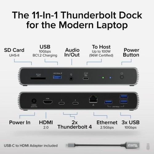 Plugable Technologies Thunderbolt 4 Dock with 100W Charging, Thunderbolt Certified, 3x Thunderbolt Ports, Laptop Docking Station Dual Monitor Single 8K or Dual 4K Monitor, 2.5G Ethernet, 1x SD, 4x USB